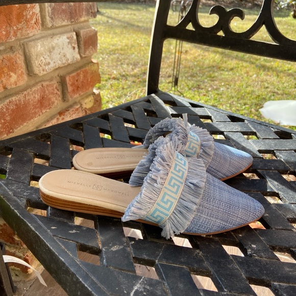 Michelle McDowell Blue Greek Key Raffia Mules — Size 7 - Picture 9 of 13